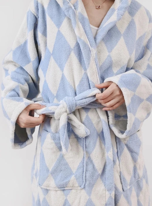 Retro Geometric Cotton Hooded Bathrobe