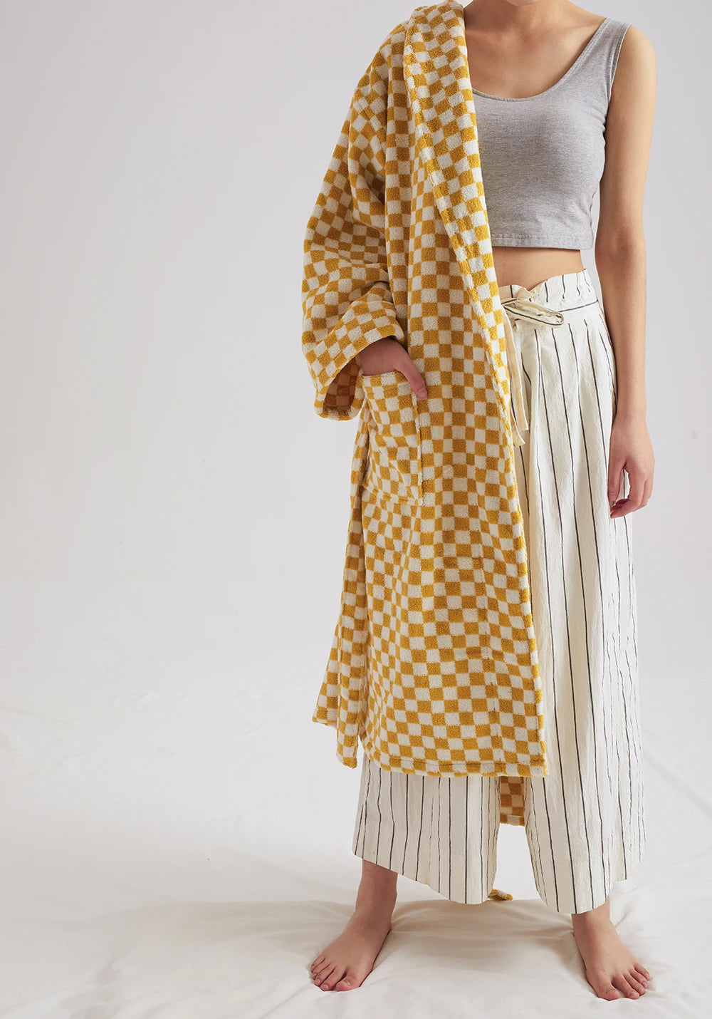 Retro Geometric Cotton Hooded Bathrobe