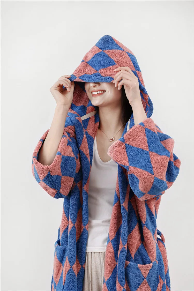 Retro Geometric Cotton Hooded Bathrobe