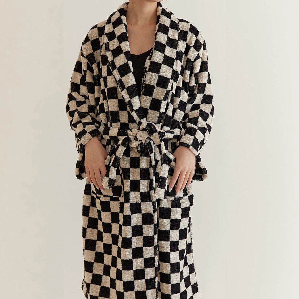 Retro Geometric Cotton Hooded Bathrobe
